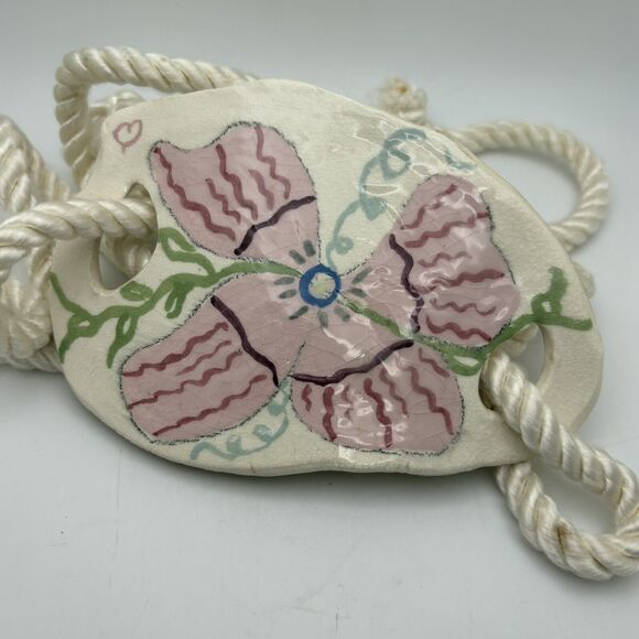 Unique Vintage Ceramic Art Belt Buckle 80s Floral Handpainted Rope Belt Signed